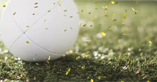 Beyaz Ragbi Topunun Üzerinde Konfeti Animasyonu Rugby Spor Yarışma Kutlama — Stok video