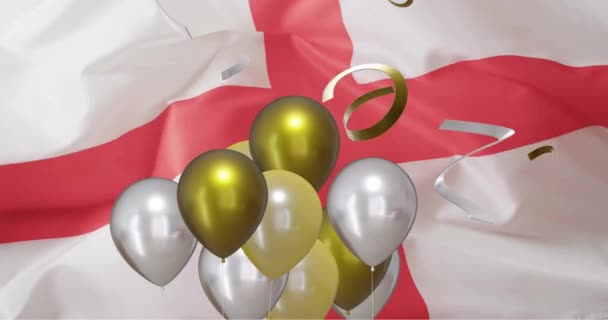 Animace Konfet Balónů Nad Bílou Ragbyovou Koulí Nad Anglickou Vlajkou — Stock video