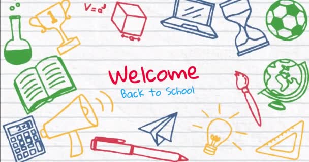 Animación Bienvenida Nuevo Texto Escuela Sobre Íconos Artículos Escolares Sobre — Vídeos de Stock