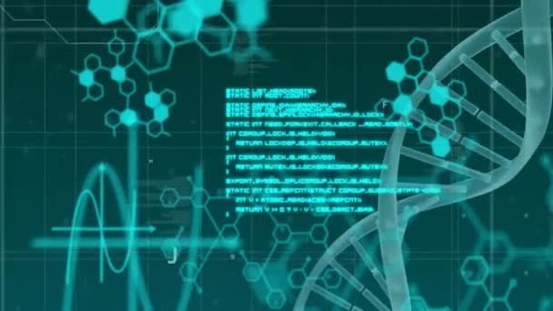 Animering Databehandling Över Dna Och Elementstrukturer Mörk Bakgrund Medicinsk Forskning — Stockvideo