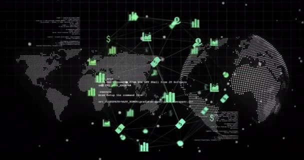 Animation Der Datenverarbeitung Weltkarte Und Globus Auf Schwarzem Hintergrund Globales — Stockvideo