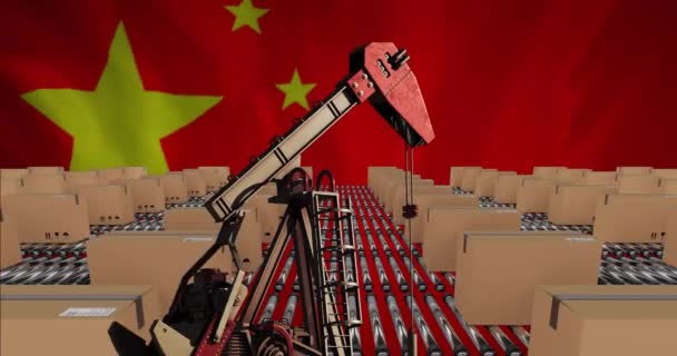 Çin Bayrağı Üzerinde Depoda Yağ Tulumbası Kutuların Taşınma Bantlarına Pompalanması — Stok video