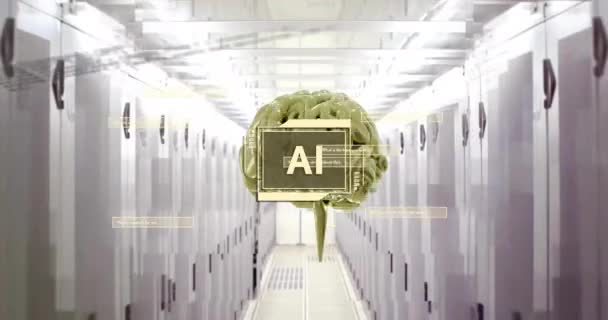 Animación Texto Cerebro Procesamiento Datos Través Servidores Informáticos Inteligencia Artificial — Vídeos de Stock