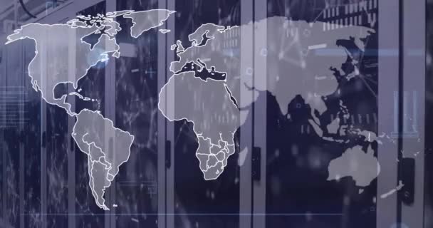 Animace Zpracování Digitálních Dat Světová Mapa Přes Počítačové Servery Globální — Stock video
