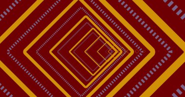 Kırmızı arkaplanda hareket eden şekillerin resmi. Retro gelecek ve dijital arayüz konsepti dijital olarak oluşturuldu.