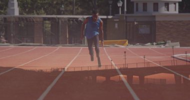 Engelli Afro-Amerikan erkek koşucunun üzerindeki köprü resmi. Engelli insanların uluslararası gününde dijital olarak oluşturulan imaj.