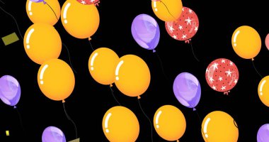 Siyah arka planda uçan ve düşen renkli balonların görüntüsü. parti ve kutlama konsepti dijital olarak oluşturulmuş görüntü.