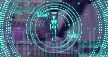 Spor salonunu bulanık gören iskeletle tarama ve veri işleme görüntüsü. Küresel spor ve dijital arayüz kavramı dijital olarak oluşturulmuş görüntü.