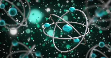 Siyah zemin üzerinde atom modellerinin mikro görüntüsü. Küresel bilim, araştırma ve bağlantılar konsepti dijital olarak oluşturulmuş görüntü.
