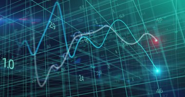 Siyah zemin üzerinde parlayan grafiklerin ve veri işleme şebekenin resmi. Küresel iletişim, iş, finans ve veri arayüzü kavramı dijital olarak oluşturulmuş görüntü.