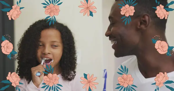 Image Flowers Happy African American Father Daughter Brushing Teeth Family — Stock Photo, Image