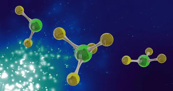 Obraz Mikro Modeli Molekuł Ścieżek Świetlnych Niebieskim Tle Koncepcja Globalnej — Zdjęcie stockowe