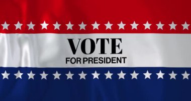 Amerikan bayrağı çizgileri ve beyaz yıldızların üzerinde Başkan için yapılan oylama metni. Amerika, demokrasi, seçim, hükümet, politika ve iletişim, dijital olarak oluşturulmuş video.
