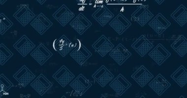 Matematiksel veri işlemenin karanlık arka plandaki hesap makineleri üzerinden canlandırılması. Küresel bilim, bağlantılar, hesaplama ve veri işleme kavramı dijital olarak oluşturulmuş video.