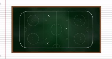 Kağıt üzerinde taktik ve strateji çizimleri olan buz hokeyi spor sahasının animasyonu. Spor, rekabet, strateji, oyun ve oyun konsepti dijital olarak oluşturulmuş.