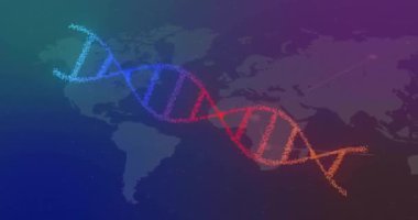 Dünya haritası üzerinde DNA ipliği ve veri işleme animasyonu. Küresel bilim, araştırma, bağlantılar, hesaplama ve veri işleme kavramı dijital olarak oluşturulmuş video.