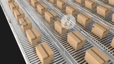 Kapsam ve simgelerin siyah arkaplan üzerindeki karton kutuların üzerinde canlandırılması. Dijital olarak oluşturulmuş küresel bağlantılar, hesaplama ve veri işleme kavramı.