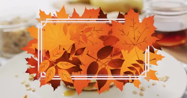 在煎饼上有落叶的框架动画 食品和数字界面概念数字生成的视频 — 图库视频影像