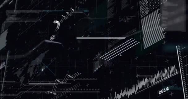 ブラックバックグラウンド上のスクリーン上のデータ処理のアニメーション グローバルファイナンス ビジネス コネクション コンピューティング データ処理コンセプトデジタル生成ビデオ — ストック動画