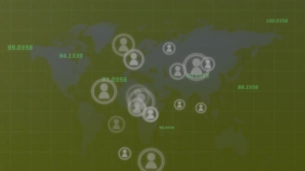 Animacja Przetwarzania Danych Ikonami Mapą Świata Nad Pigułkami Globalna Medycyna — Wideo stockowe