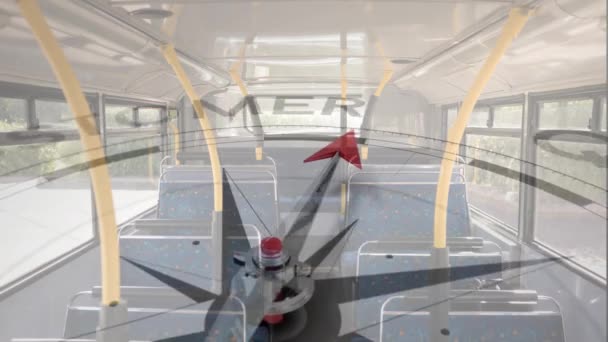 Animacja Kompasu Strzałką Wskazującą Podtrzymanie Tekstu Nad Siedzeniami Pasażera Autobusie — Wideo stockowe