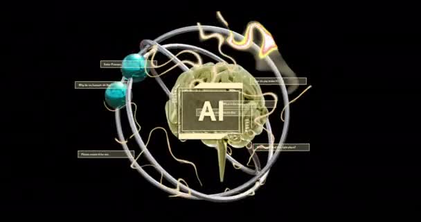 在黑色背景上对电子文本 大脑和数据处理进行动画处理 全球人工智能 计算和数据处理概念 — 图库视频影像