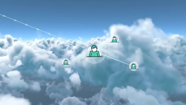 Animacja Sieci Połączeń Ikonami Ludzi Nad Chmurami Globalne Połączenia Chmura — Wideo stockowe
