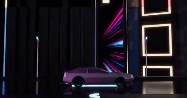 Animasi Mobil Melewati Bangunan Kota Neon Malam Hari Koneksi Data — Stok Video