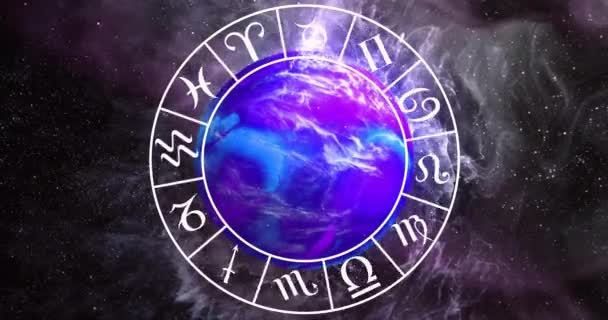 Animering Cirkel Med Zodiak Symboler Över Hela Världen Svart Bakgrund — Stockvideo