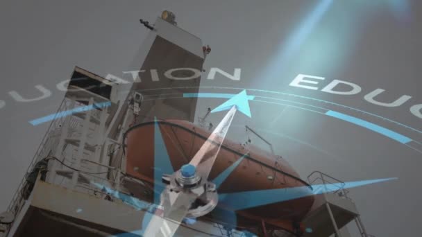 罗盘的动画 箭头指向教育文本在船舶上 方向和通信 数字视频 — 图库视频影像