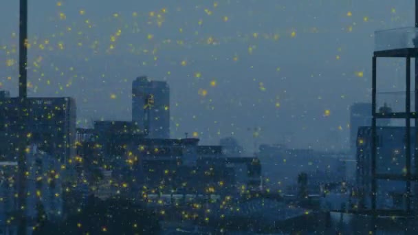 Animacja Świecących Miejsc Unoszących Się Nad Miejskim Krajobrazem Koncepcja Globalnych — Wideo stockowe
