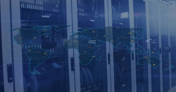 Animering Digital Databehandling Över Världskartan Och Datorservrar Global Cybersäkerhet Anslutningar — Stockvideo