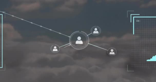 雲の上のアイコンとの接続の生体認証写真とネットワークのアニメーション グローバル接続 コンピューティング データ処理コンセプトデジタル生成ビデオ — ストック動画