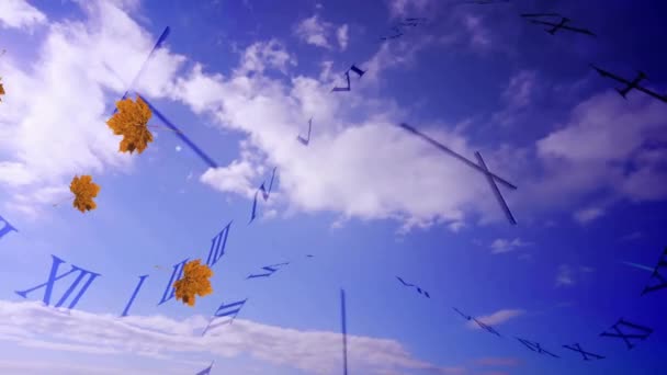 Animação Folhas Outono Caindo Sobre Relógios Céu Com Nuvens Tempo — Vídeo de Stock