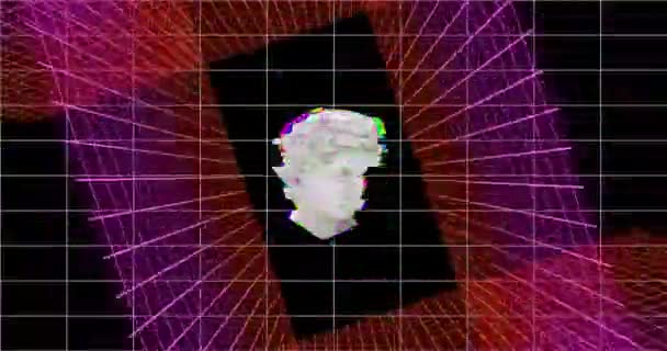 Animation Classical Statue Head Distorting Pink Grids Black Creativity Data — Stock Video