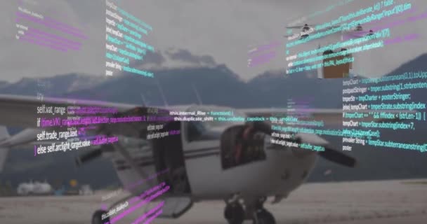 Animatie Van Gegevensverwerking Helikopter Berglandschap Mondiale Levering Verzending Digitale Interface — Stockvideo