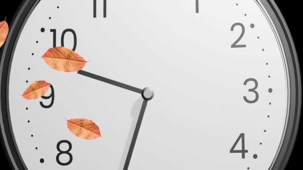 秋の葉のアニメーションは時計の上に落ちています 自然の概念がデジタル生成されたビデオ — ストック動画