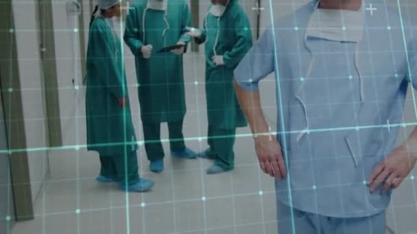 在医院里对不同的外科医生进行数据处理的动画化 全球医学 计算和数据处理概念数字生成的视频 — 图库视频影像