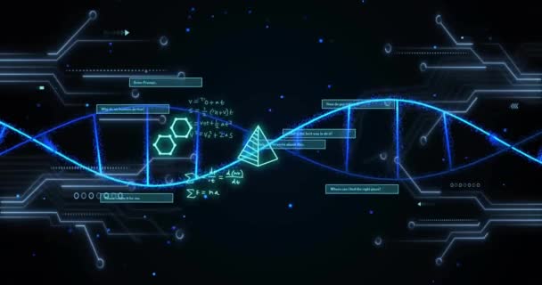 Animación Hebra Adn Sobre Ecuaciones Matemáticas Figuras Concepto Ciencia Interfaz — Vídeo de stock