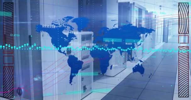 Animación Mapa Del Mundo Procesamiento Datos Digitales Través Servidores Informáticos — Vídeo de stock