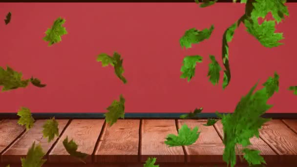 Animatie Van Herfstbladeren Die Houten Oppervlak Rode Achtergrond Vallen Herfst — Stockvideo