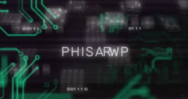 Animation Von Leiterplatte Phishing Text Und Datenverarbeitung Auf Schwarzem Hintergrund — Stockvideo