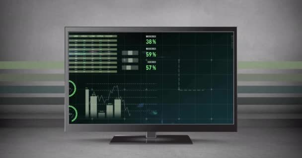 Animation Der Digitalen Datenverarbeitung Über Den Computerbildschirm Auf Grauem Hintergrund — Stockvideo