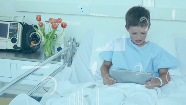 Animation Data Processing Caucasian Boy Patient Using Tablet Global Medicine — Stock Video