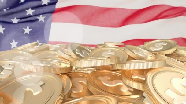 Animación Monedas Dólar Sobre Bandera Usa Finanzas Globales Negocios Conexiones — Vídeos de Stock