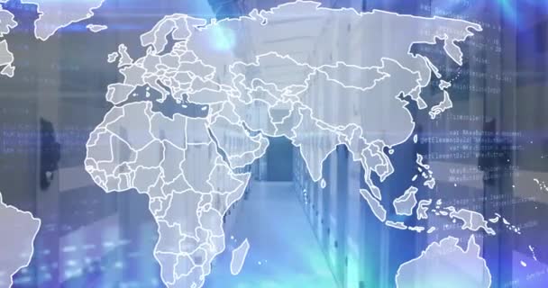 Animacja Mapy Świata Cyfrowym Przetwarzaniem Danych Przez Serwery Komputerowe Globalne — Wideo stockowe