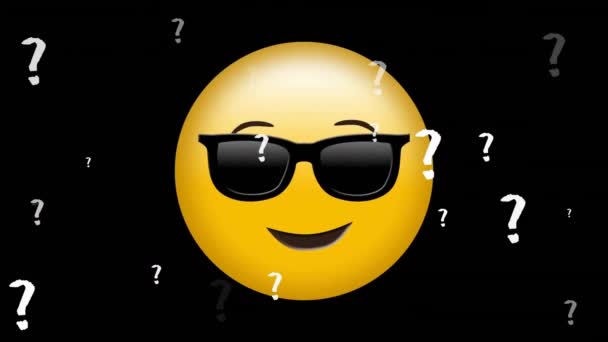 Animação Ícone Emoji Sorridente Com Óculos Sol Com Pontos Interrogação — Vídeo de Stock