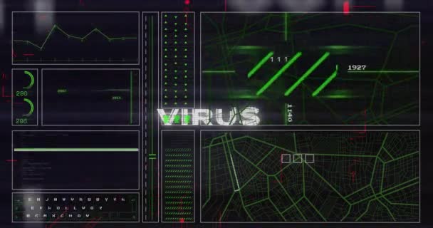 Animación Texto Virus Través Red Procesamiento Datos Fondo Negro Datos — Vídeo de stock