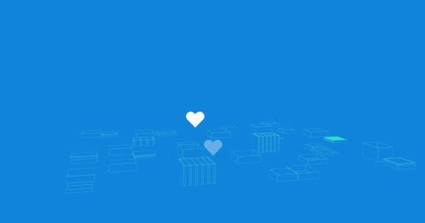 Анимация Сердец Над Цифровым Городом Голубом Фоне Концепция Глобальных Технологий — стоковое видео