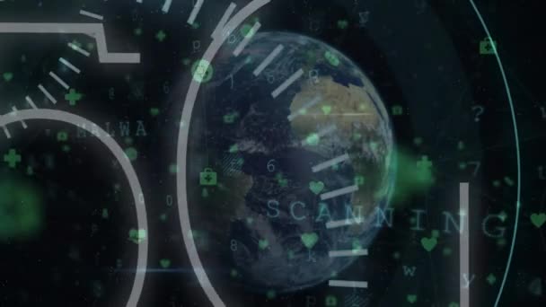 Dünya Üzerinde Metin Veri Işleme Animasyonu Küresel Siber Güvenlik Bağlantılar — Stok video